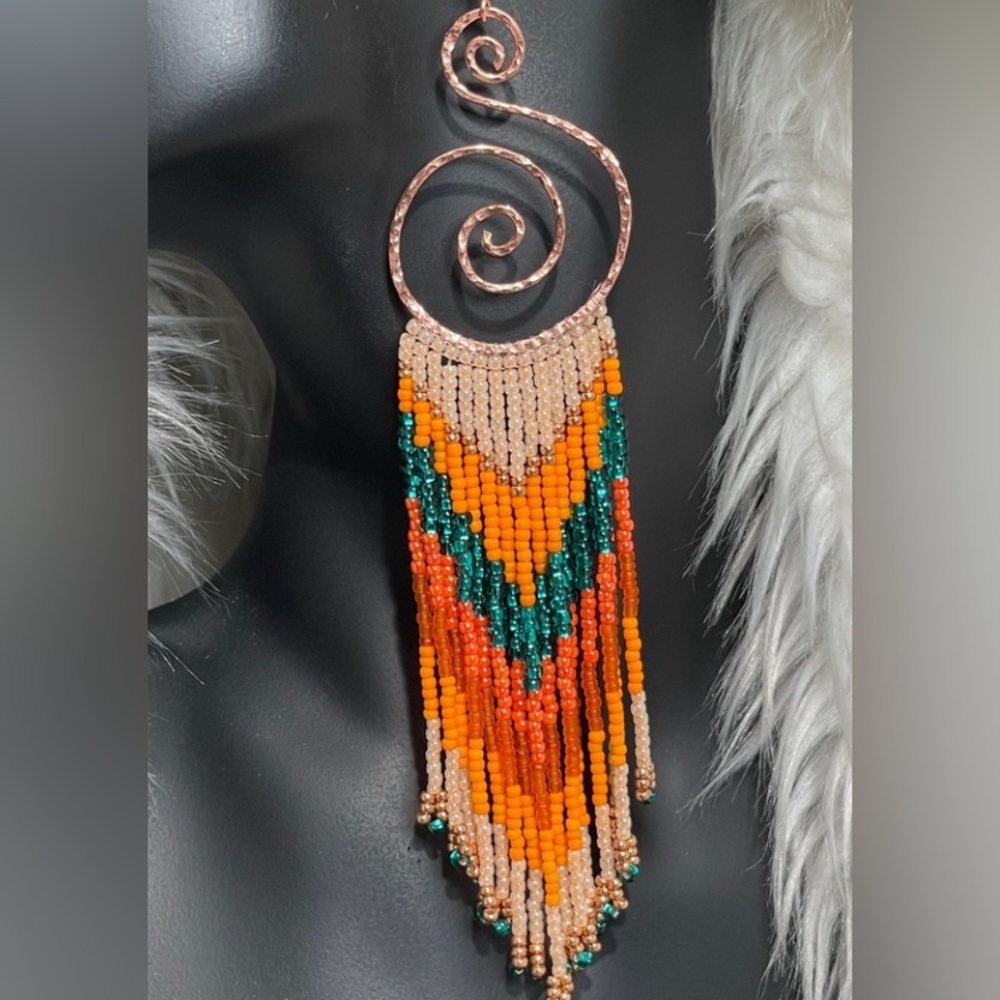 Hammered Copper Hoops With Long Orange Teal Glass Beaded Fringe Earrings - Picture 10 of 11